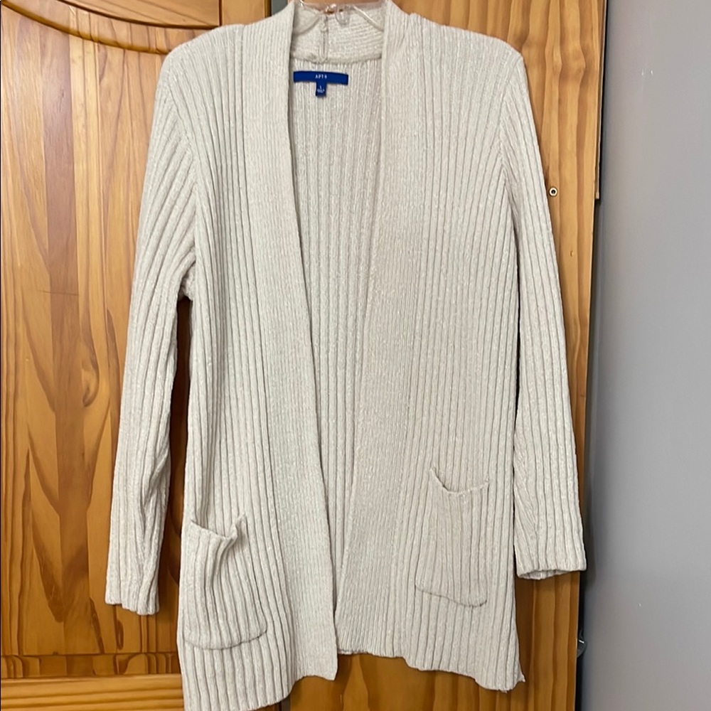 APT 9 RIBBED OPEN FRONT CARDIGAN WOMENS L CREAM POCKETS SUPER SOFT SWEATER